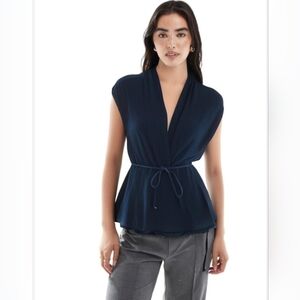 DKNY Blue Wrap Front Top With Tie Waist
